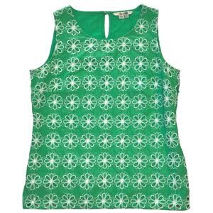 Boden Women's Eyelet Lace Floral Green White Keyhole Back Cotton Tank Size US 6